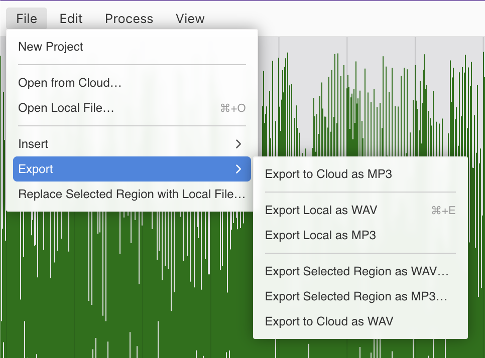 File menu open with Export submenu showing options to export to cloud or local as MP3 or WAV, including selected region.