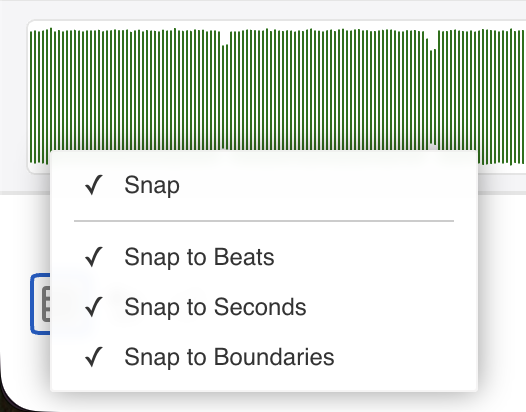 Snap menu showing options to snap to beats, seconds, or region boundaries.
